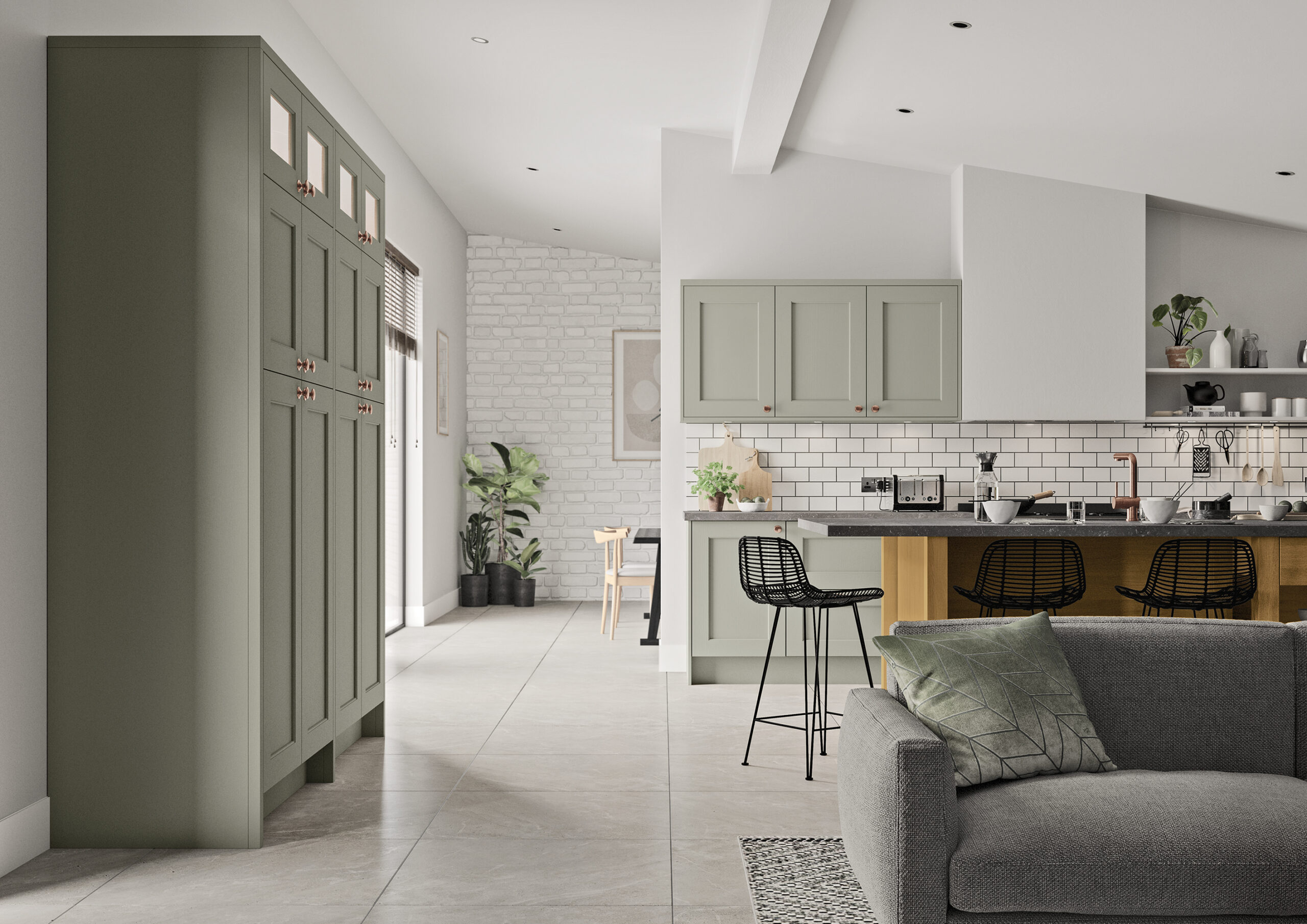 Astley shaker woodgrain kitchen in Cardamom and Light Oak
