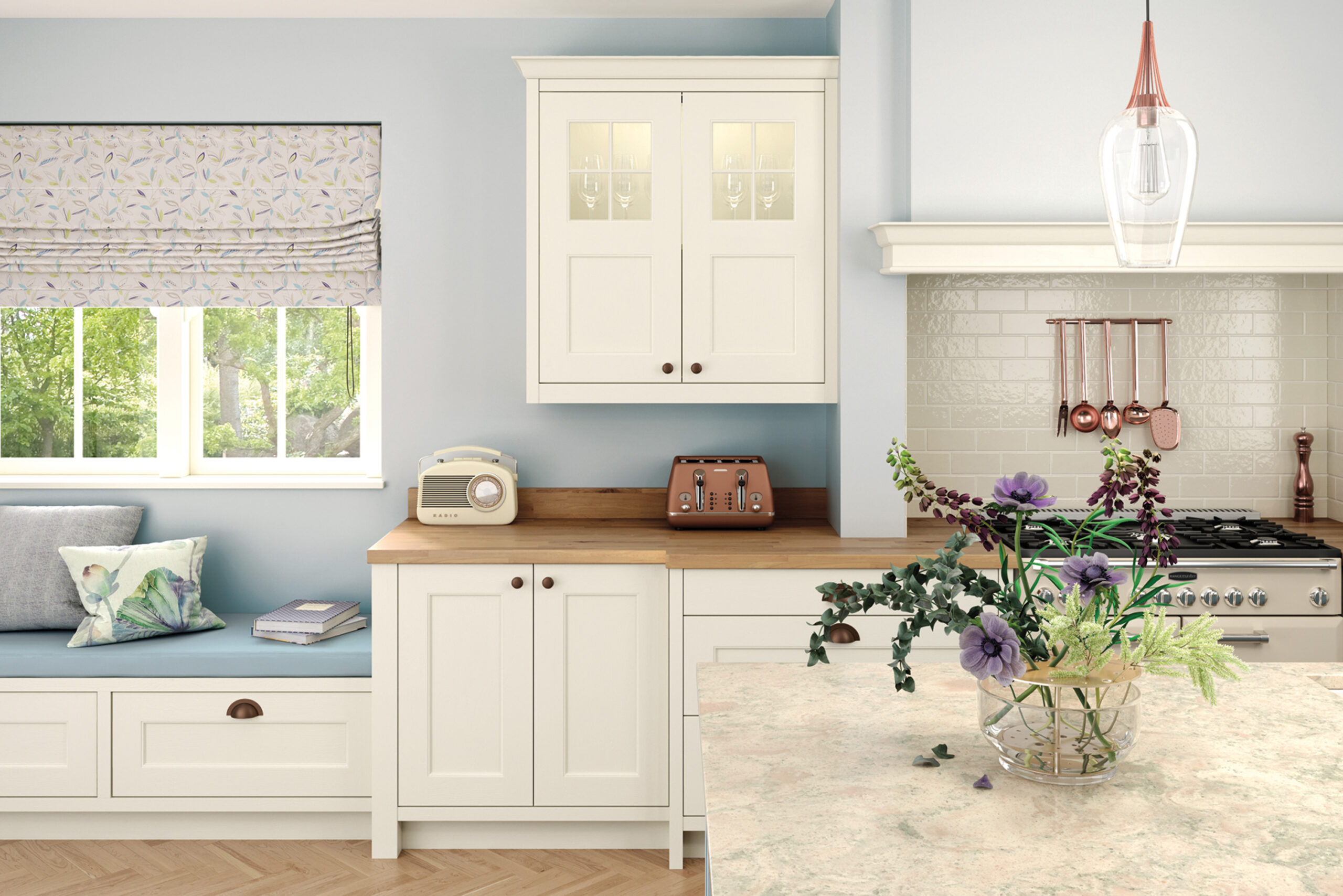 Astley shaker woodgrain kitchen in Porcelain and Pantry Blue
