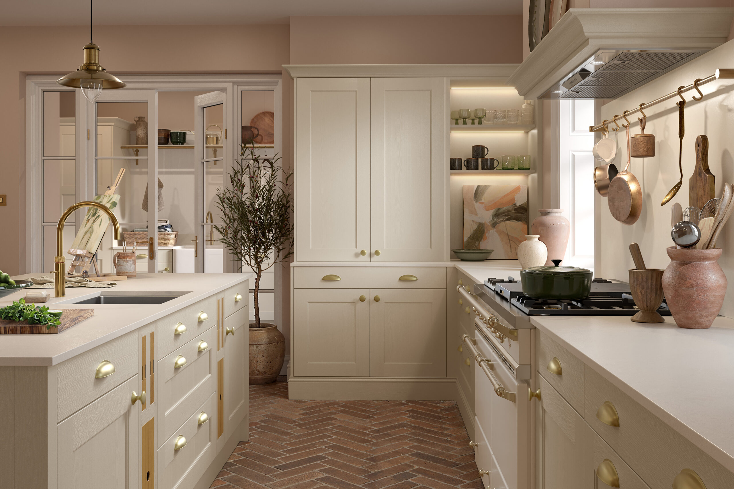 Astley shaker woodgrain kitchen island in Taupe Grey