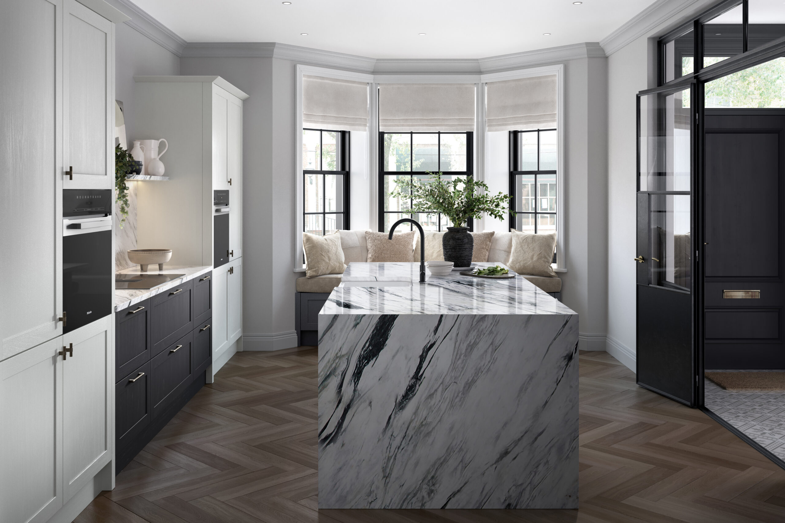 Hutton narrow shaker woodgrain kitchen in Graphite and Light Grey