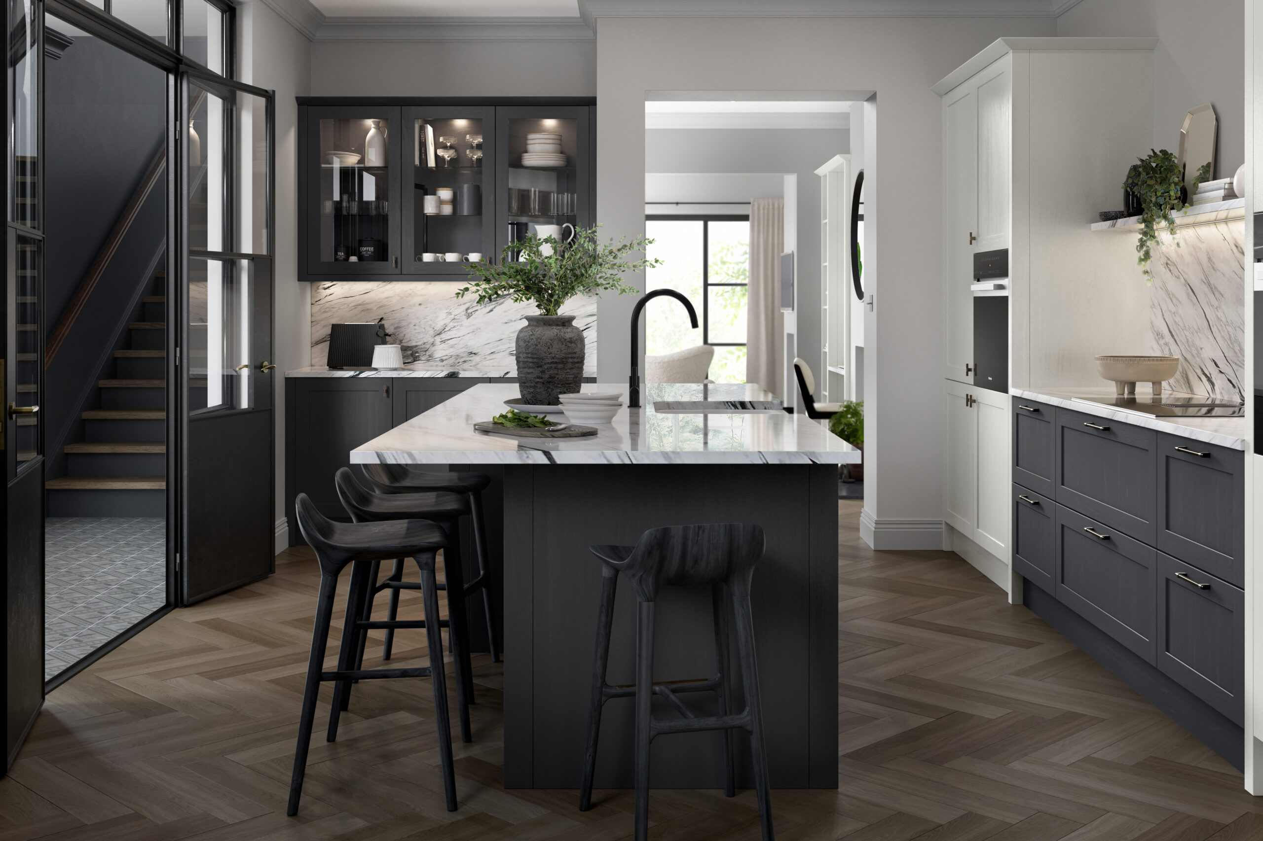 Modern Hutton narrow shaker woodgrain kitchen island in Graphite