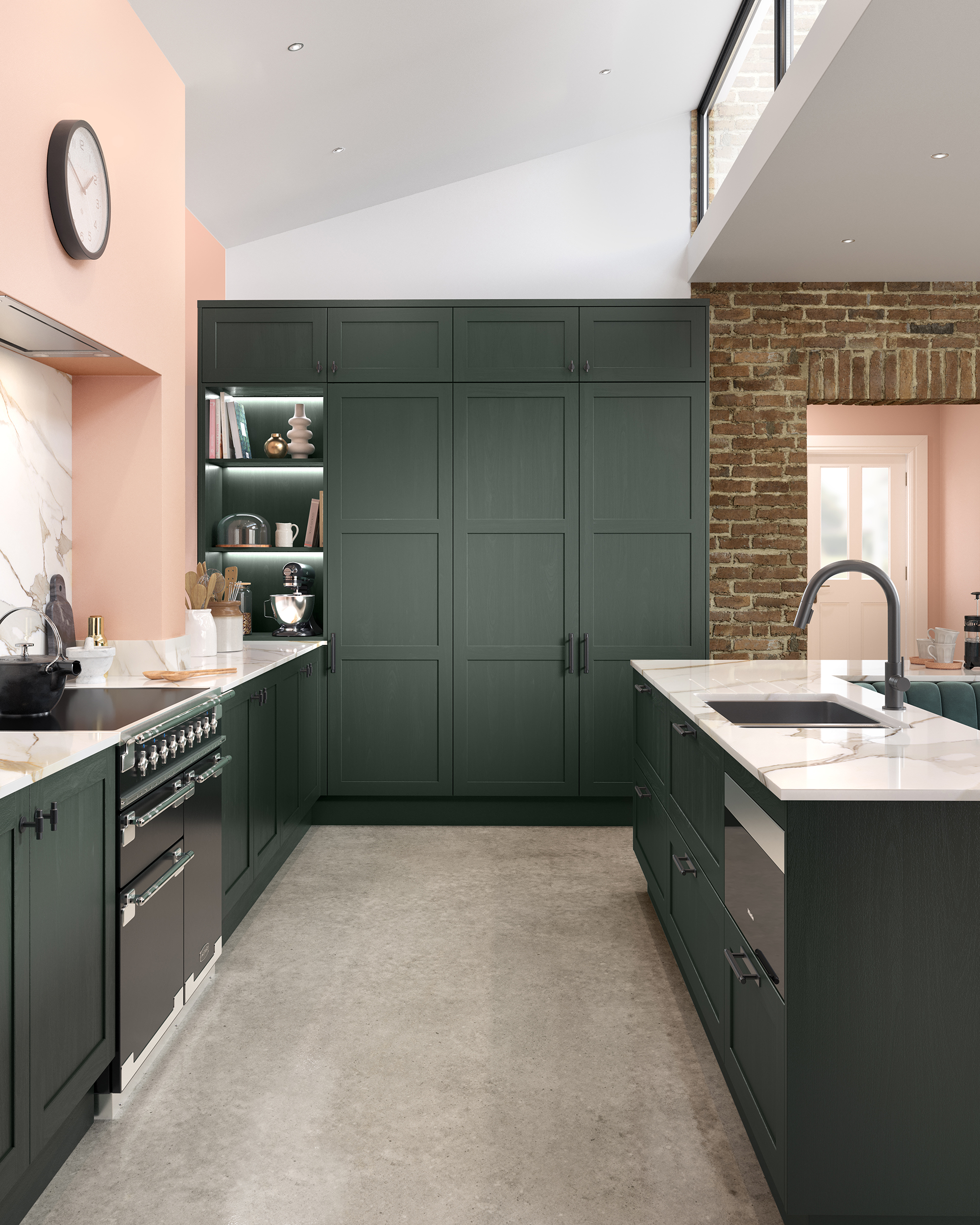 Hutton narrow shaker woodgrain kitchen units in Heritage Green