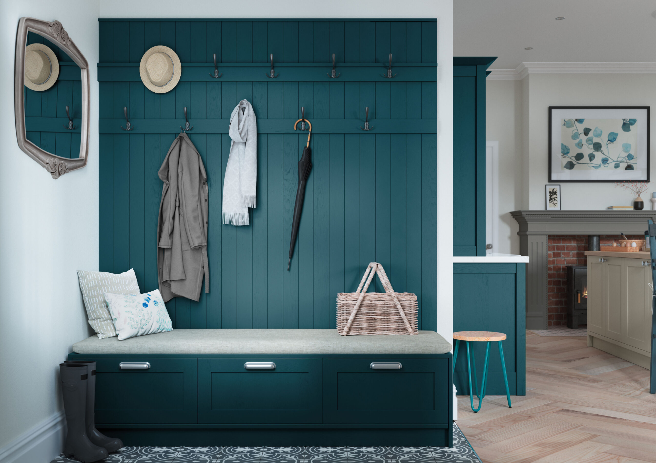Hutton narrow shaker woodgrain kitchen in Marine and Stone
