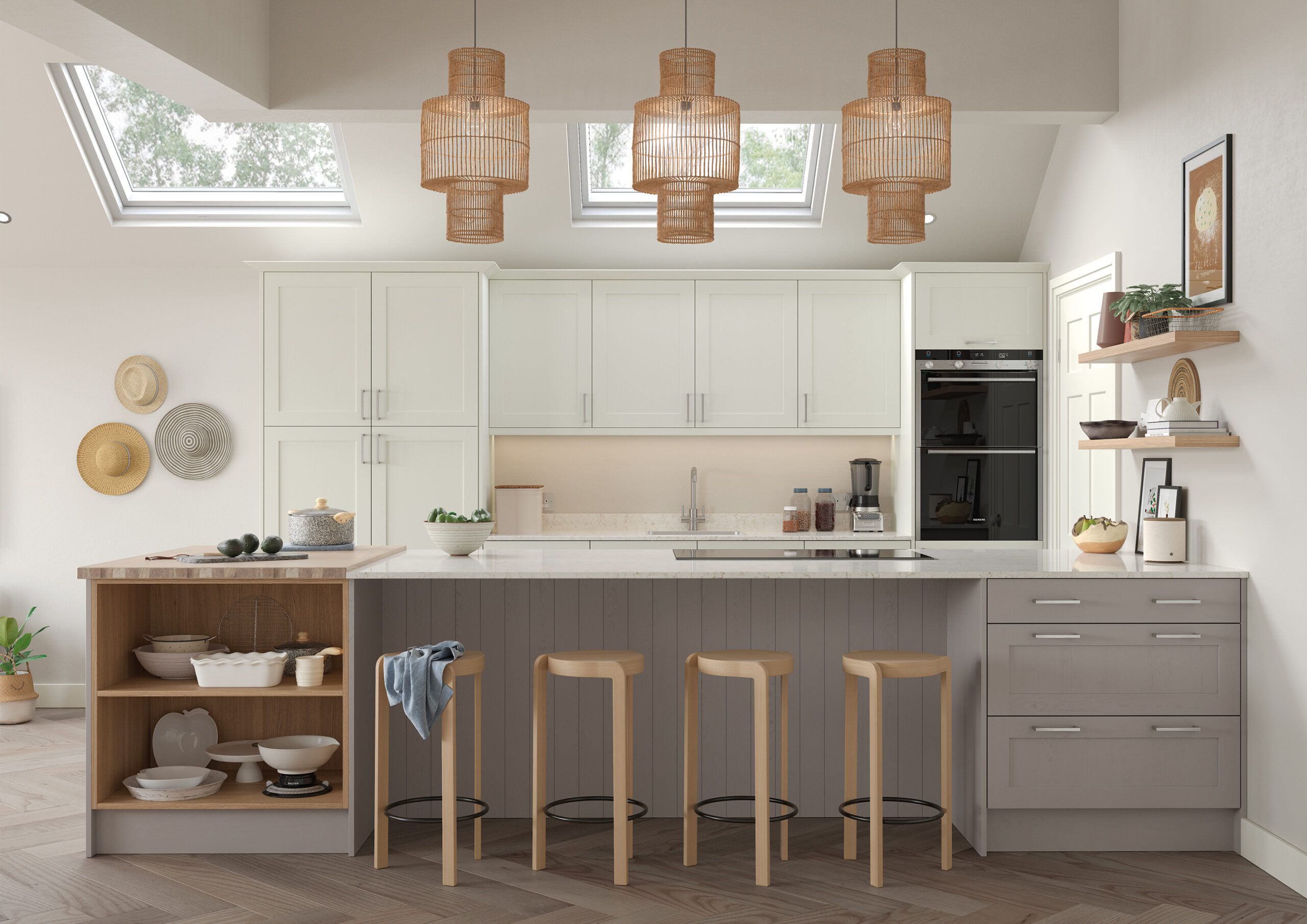 Hutton narrow shaker woodgrain kitchen in Porcelain and Cashmere