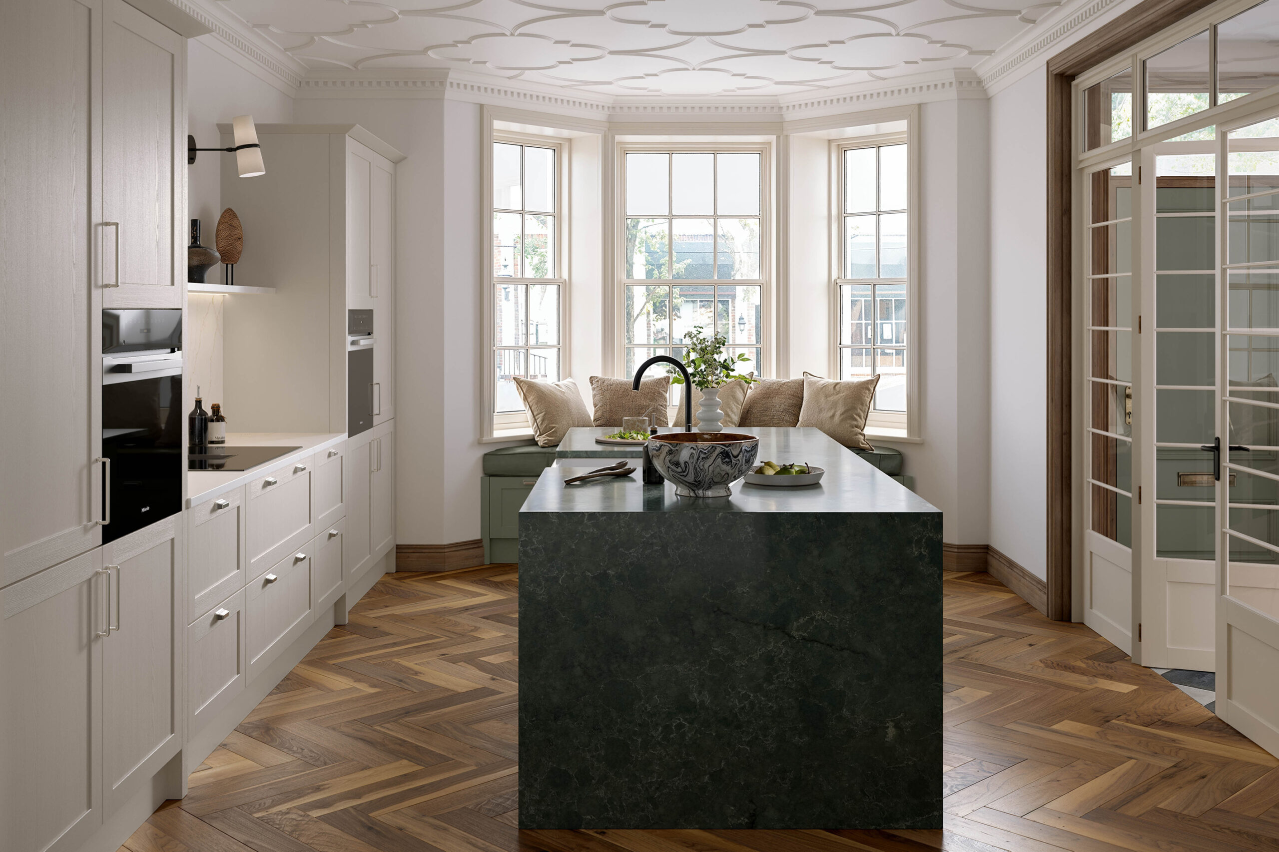 Hutton narrow shaker woodgrain kitchen in Taupe Grey and Reed Green