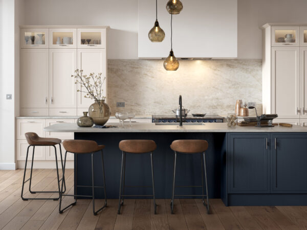 Heskin shaker solid timber kitchen in Shell and Slate Blue